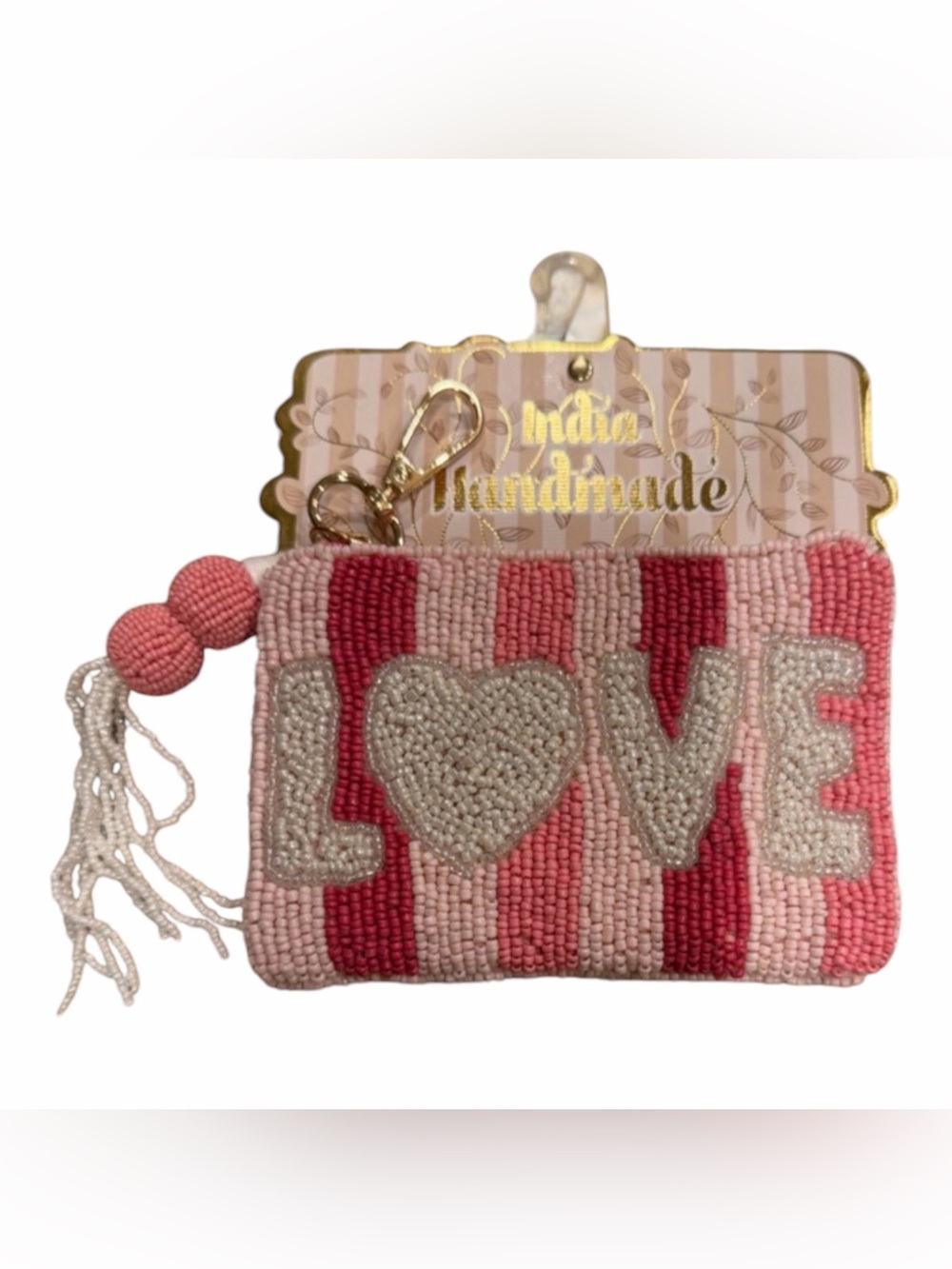 India Handmade Beaded LOVE Coin Purse - Pink Stripes
